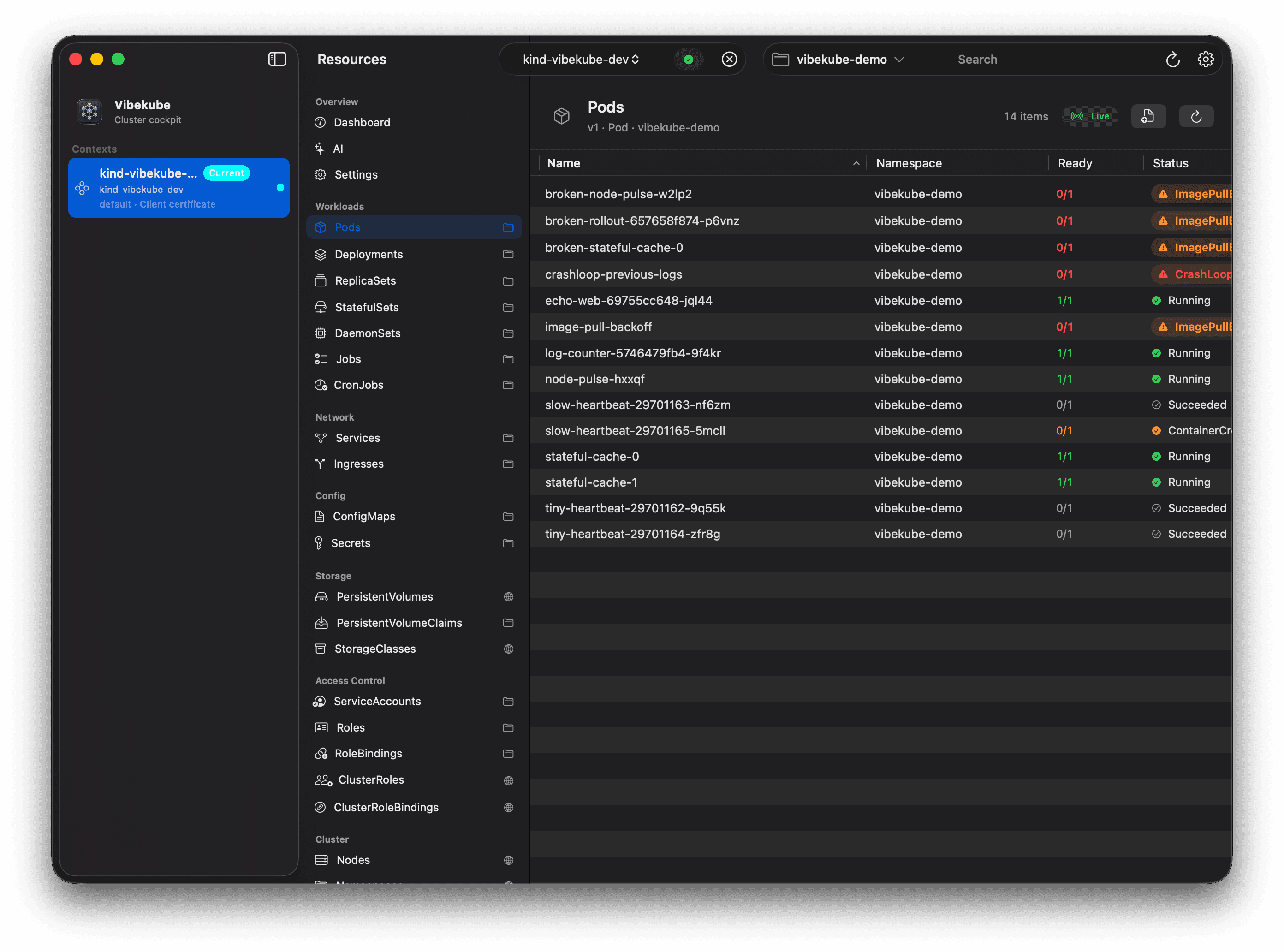 Live resource cockpit screenshot in Vibekube