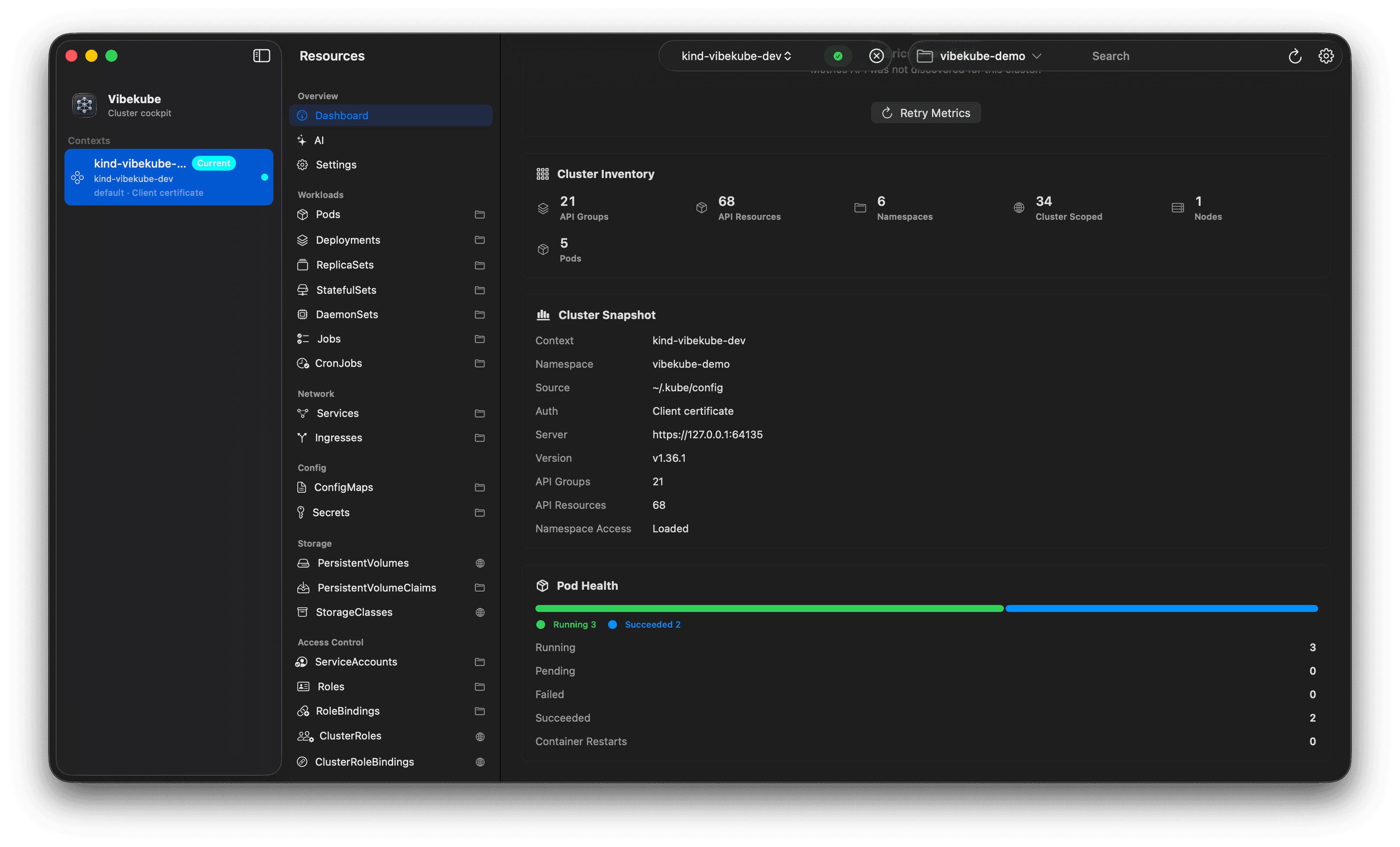 Cluster cockpit screenshot in Vibekube